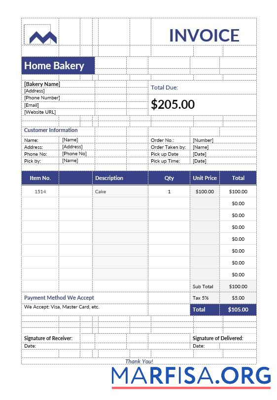 Printable Home Bakery Invoice Template